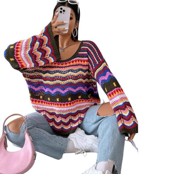 Oversized Rainbow Crochet Knit Hippie Boho Sweater Size Small - Picture 2 of 9